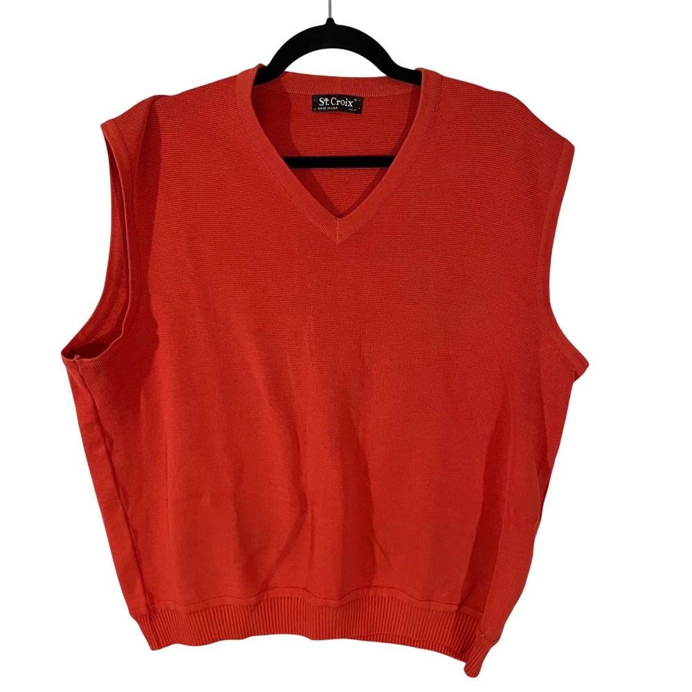 St. Croix Mens V-Neck Sweater Vest Orange Red Cotton Blend Made in USA L Classic